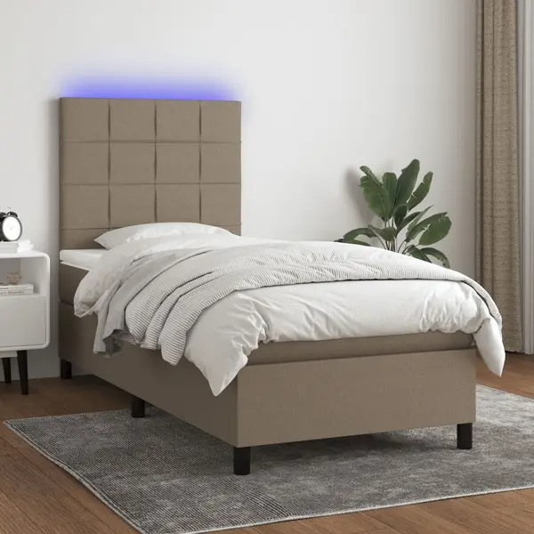 Gossi pat cu arcuri, saltea si led, gri taupe, 80x200 cm, textil