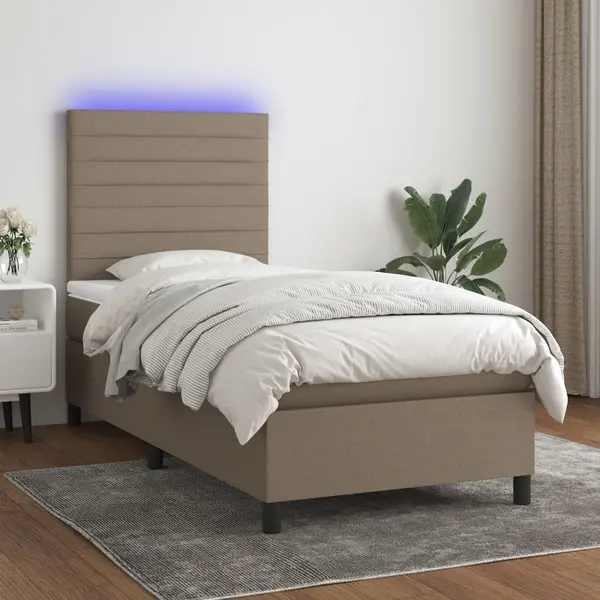 Gossi pat cu arcuri, saltea si led, gri taupe, 80x200 cm, textil