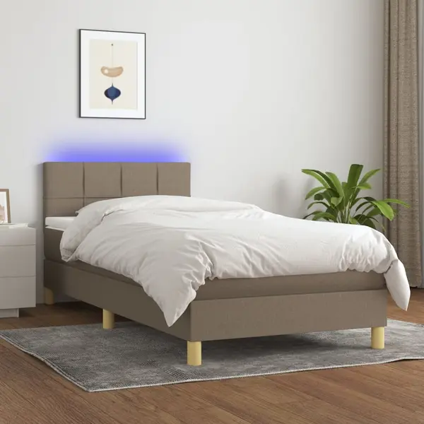 Gossi pat cu arcuri, saltea si led, gri taupe, 80x200 cm, textil
