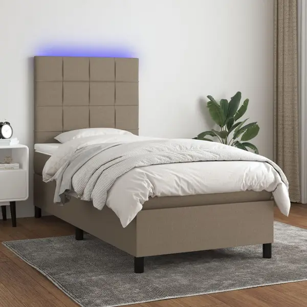 Gossi pat cu arcuri, saltea si led, gri taupe, 90x190 cm, textil