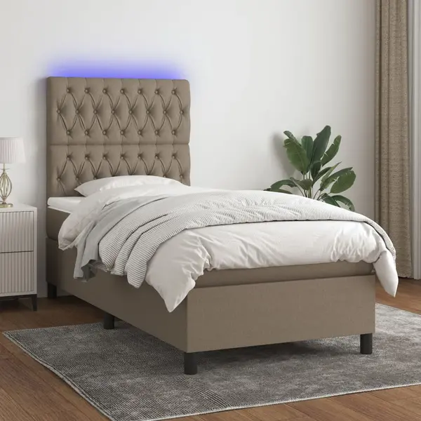 Gossi pat cu arcuri, saltea si led, gri taupe, 90x190 cm, textil