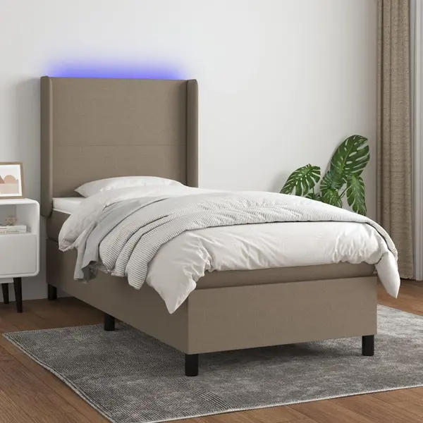 Gossi pat cu arcuri, saltea si led, gri taupe, 90x190 cm, textil