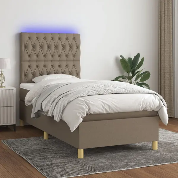 Gossi pat cu arcuri, saltea si led, gri taupe, 90x200 cm, textil