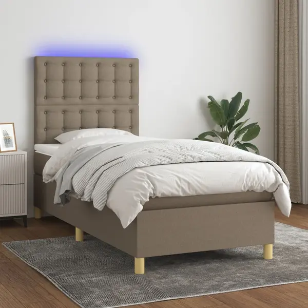 Gossi pat cu arcuri, saltea si led, gri taupe, 90x200 cm, textil