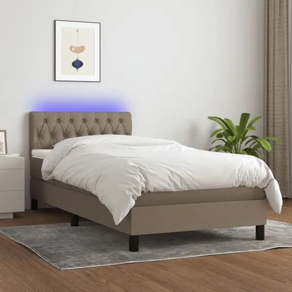 Gossi pat cu arcuri, saltea si led, gri taupe, 90x200 cm, textil