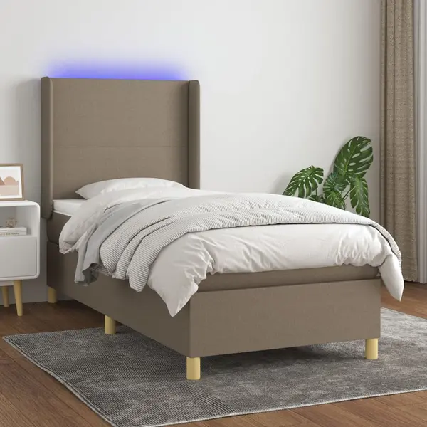 Gossi pat cu arcuri, saltea si led, gri taupe, 90x200 cm, textil