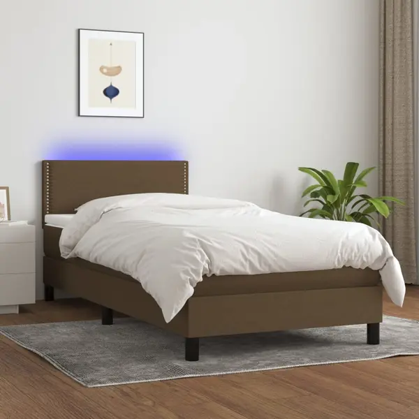 Gossi pat cu arcuri, saltea si led, maro inchis, 100x200 cm, textil