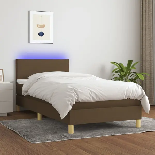 Gossi pat cu arcuri, saltea si led, maro inchis, 100x200 cm, textil