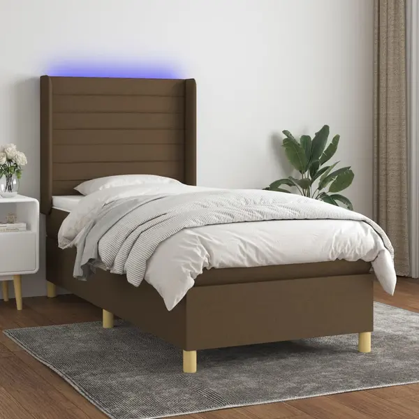 Gossi pat cu arcuri, saltea si led, maro inchis, 100x200 cm, textil