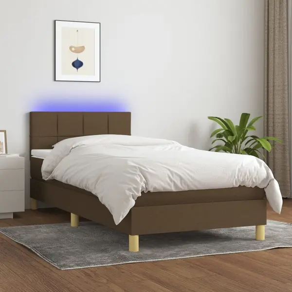 Gossi pat cu arcuri, saltea si led, maro inchis, 100x200 cm, textil