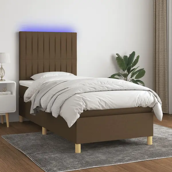 Gossi pat cu arcuri, saltea si led, maro inchis, 100x200 cm, textil