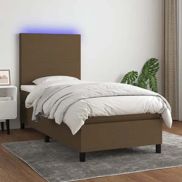 Gossi pat cu arcuri, saltea si led, maro inchis, 100x200 cm, textil