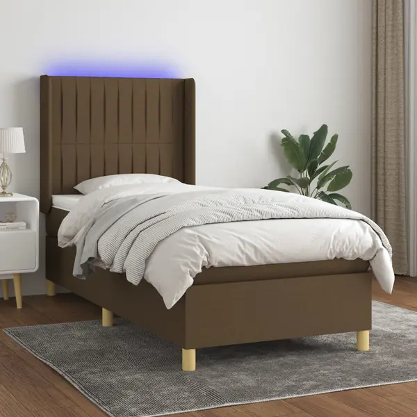 Gossi pat cu arcuri, saltea si led, maro inchis, 100x200 cm, textil