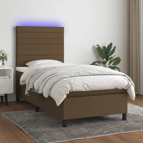 Gossi pat cu arcuri, saltea si led, maro inchis, 100x200 cm, textil
