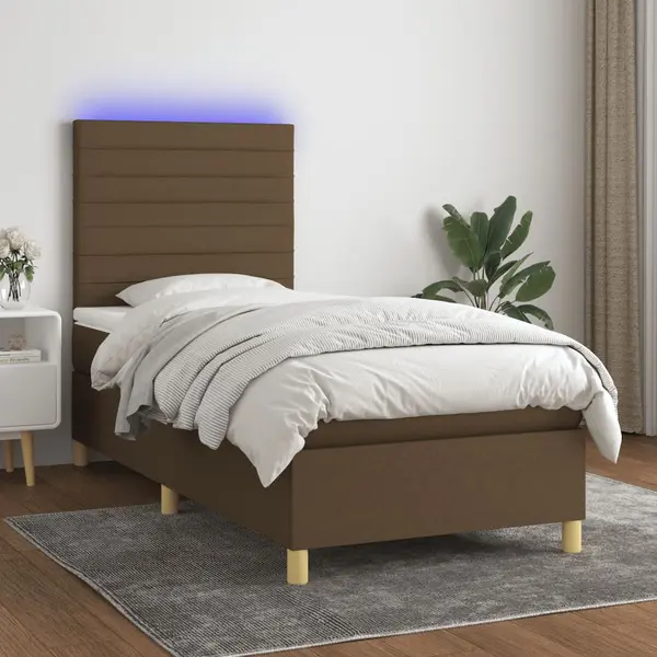 Gossi pat cu arcuri, saltea si led, maro inchis, 100x200 cm, textil