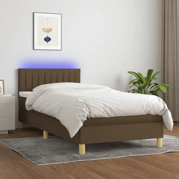 Gossi pat cu arcuri, saltea si led, maro inchis, 100x200 cm, textil
