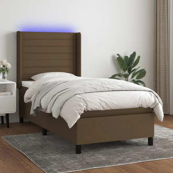 Gossi pat cu arcuri, saltea si led, maro inchis, 100x200 cm, textil