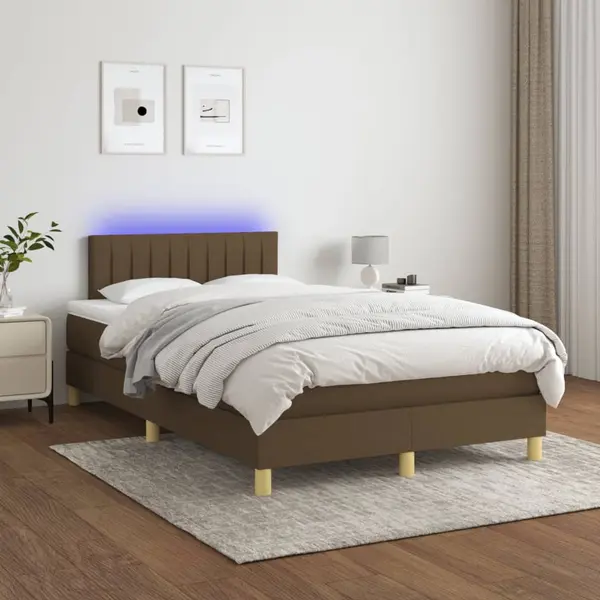 Gossi pat cu arcuri, saltea si led, maro inchis, 120x200 cm, textil