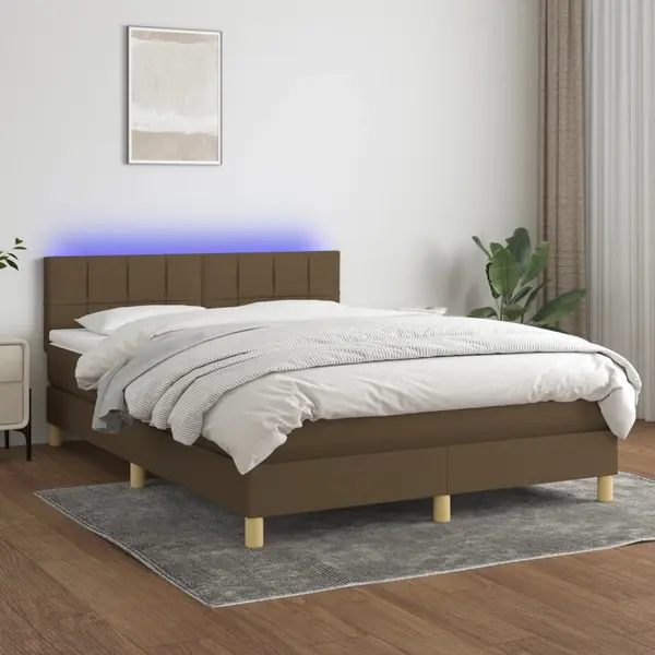 Gossi pat cu arcuri, saltea si led, maro inchis, 140x200 cm, textil
