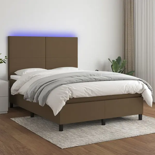 Gossi pat cu arcuri, saltea si led, maro inchis, 140x200 cm, textil