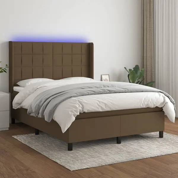 Gossi pat cu arcuri, saltea si led, maro inchis, 140x200 cm, textil