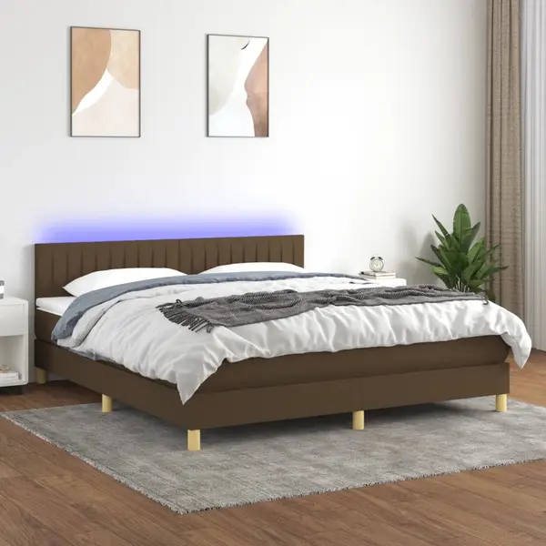 Gossi pat cu arcuri, saltea si led, maro inchis, 160x200 cm, textil