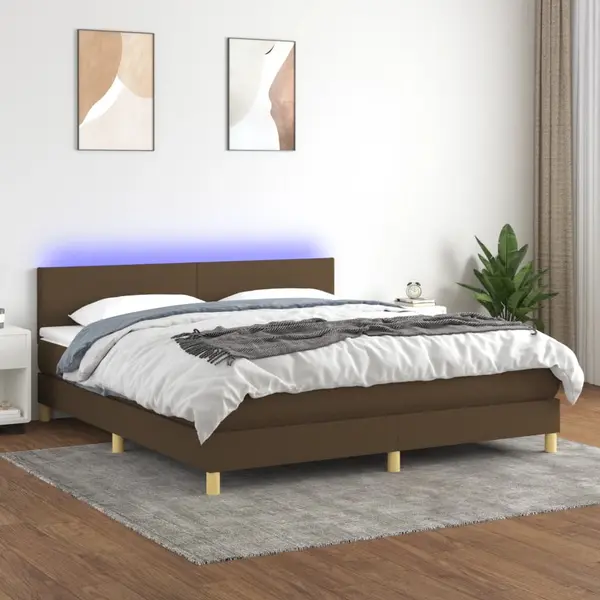 Gossi pat cu arcuri, saltea si led, maro inchis, 160x200 cm, textil