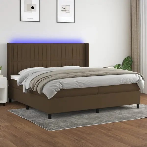 Gossi pat cu arcuri, saltea si led, maro inchis, 200x200 cm, textil