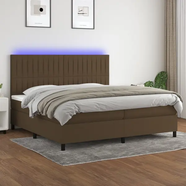 Gossi pat cu arcuri, saltea si led, maro inchis, 200x200 cm, textil
