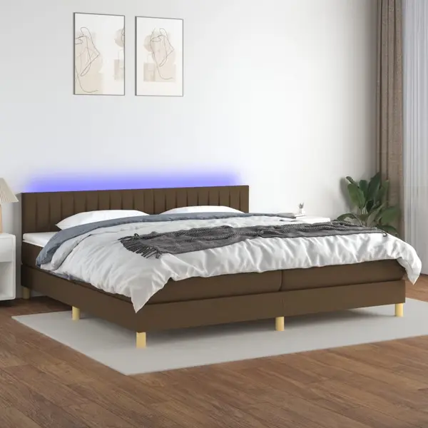 Gossi pat cu arcuri, saltea si led, maro inchis, 200x200 cm, textil