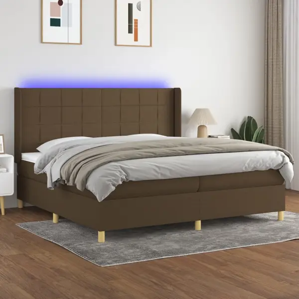 Gossi pat cu arcuri, saltea si led, maro inchis, 200x200 cm, textil