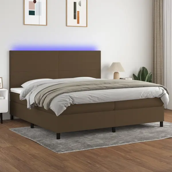 Gossi pat cu arcuri, saltea si led, maro inchis, 200x200 cm, textil