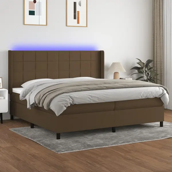 Gossi pat cu arcuri, saltea si led, maro inchis, 200x200 cm, textil