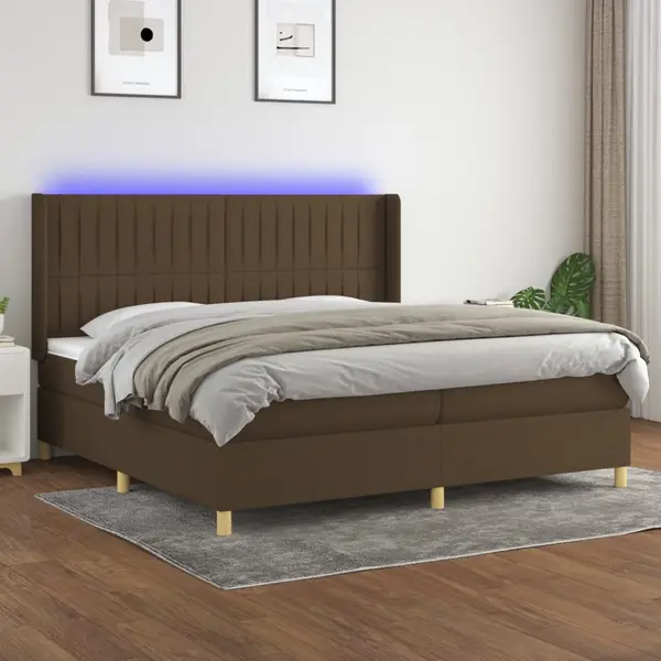 Gossi pat cu arcuri, saltea si led, maro inchis, 200x200 cm, textil