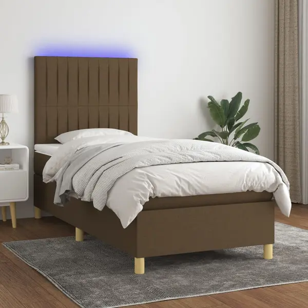 Gossi pat cu arcuri, saltea si led, maro inchis, 80x200 cm, textil