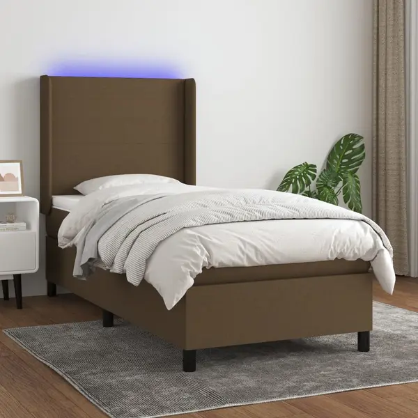 Gossi pat cu arcuri, saltea si led, maro inchis, 80x200 cm, textil