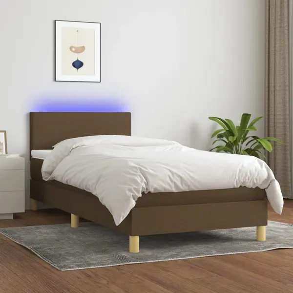 Gossi pat cu arcuri, saltea si led, maro inchis, 80x200 cm, textil
