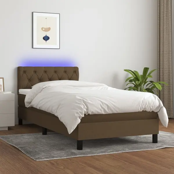 Gossi pat cu arcuri, saltea si led, maro inchis, 80x200 cm, textil