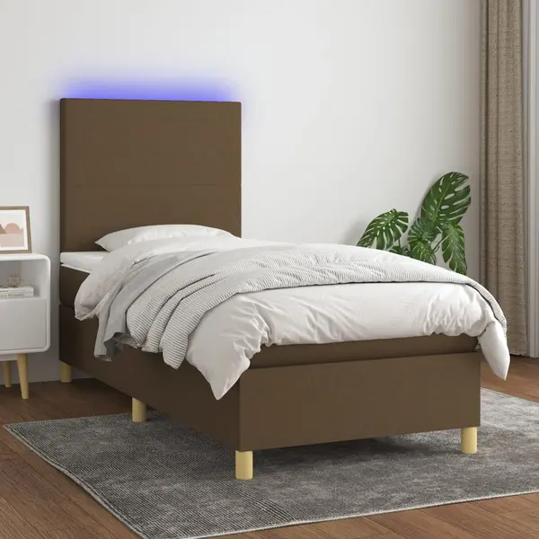 Gossi pat cu arcuri, saltea si led, maro inchis, 80x200 cm, textil