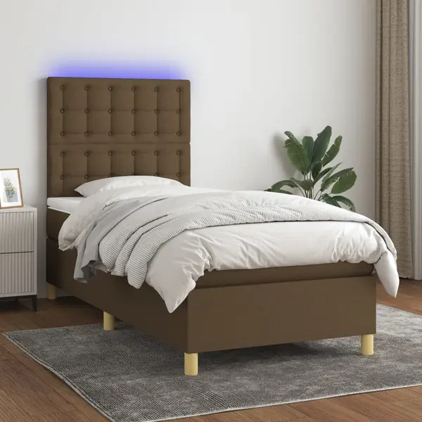 Gossi pat cu arcuri, saltea si led, maro inchis, 80x200 cm, textil