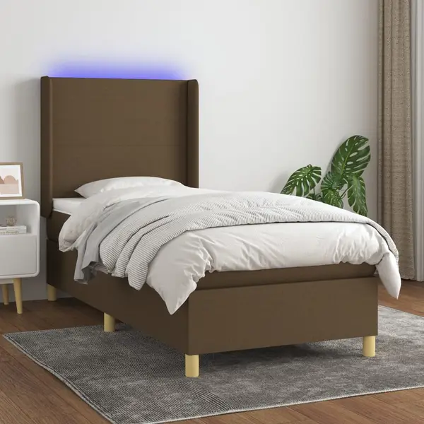 Gossi pat cu arcuri, saltea si led, maro inchis, 80x200 cm, textil