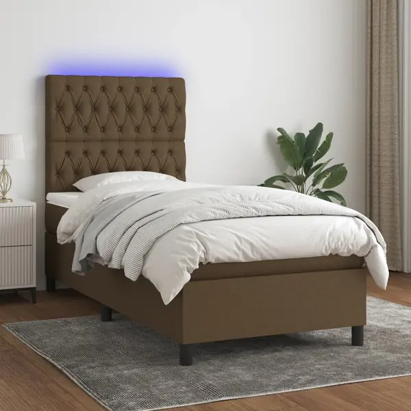 Gossi pat cu arcuri, saltea si led, maro inchis, 80x200 cm, textil