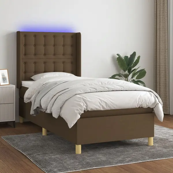 Gossi pat cu arcuri, saltea si led, maro inchis, 80x200 cm, textil