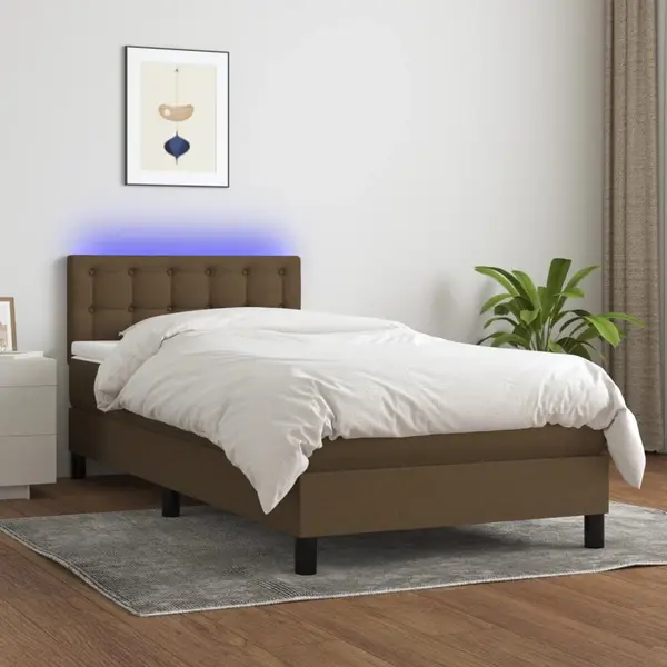 Gossi pat cu arcuri, saltea si led, maro inchis, 90x190 cm, textil