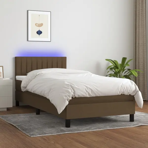 Gossi pat cu arcuri, saltea si led, maro inchis, 90x200 cm, textil