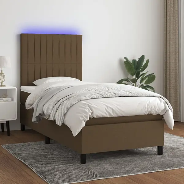Gossi pat cu arcuri, saltea si led, maro inchis, 90x200 cm, textil
