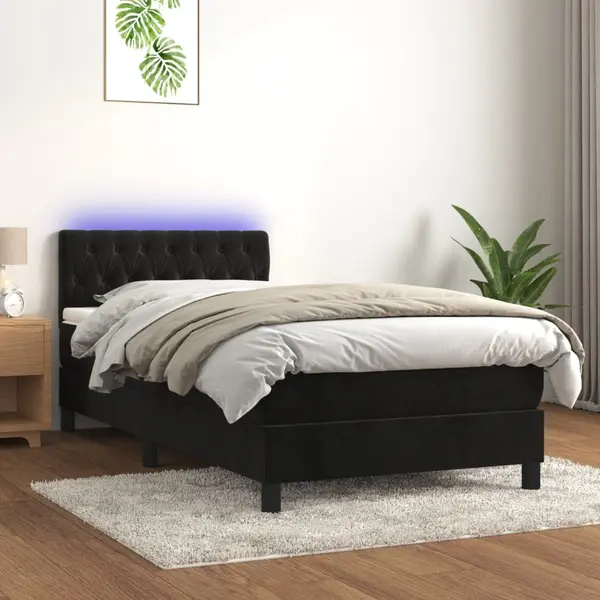Gossi pat cu arcuri, saltea si led, negru, 100x200 cm, catifea