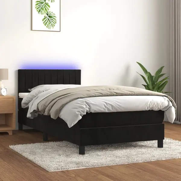 Gossi pat cu arcuri, saltea si led, negru, 100x200 cm, catifea