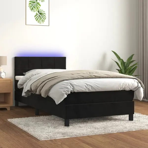 Gossi pat cu arcuri, saltea si led, negru, 100x200 cm, catifea