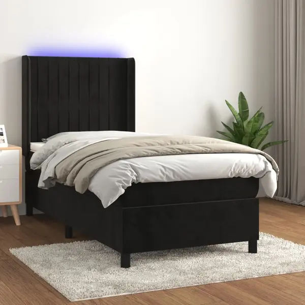 Gossi pat cu arcuri, saltea si led, negru, 100x200 cm, catifea